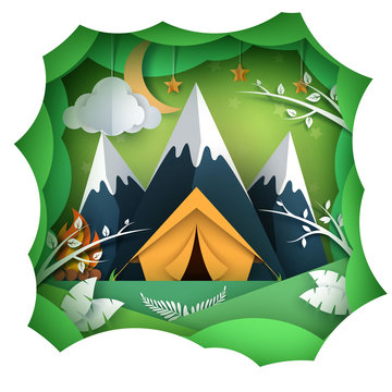 Pape summer landsape. Mountain, tent illustration.