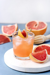 Tasty Cold Wet Drinking Glass With Fresh Grapefruit Summer Alcohol Cocktail Grapefruit Juice Ice Blue Background Vertical Grapefruit Juice Detox