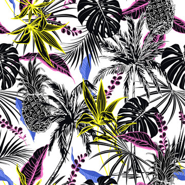Summer contrast colorful  tropical forest  leaves and tress  hand drawn style seamless pattern vector for fashion fabric , wallpaper, and all prints