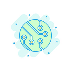 Circuit board icon in comic style. Technology microchip vector cartoon illustration pictogram. Processor motherboard business concept splash effect.