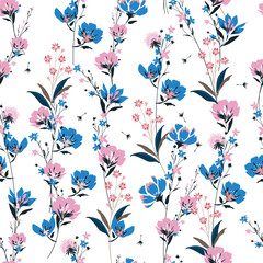 Trendy  meadow Floral pattern in the blooming botanical  Motifs scattered random. Seamless vector texture. For fashion prints. Printing with in hand drawn style