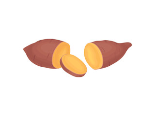 Obraz premium Two halves of cut sweet potato and one round slice. Natural and healthy vegetable. Organic food. Flat vector icon