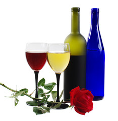 Two glasses of white and red wine, a red rose . Isolated on white