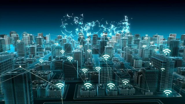 Wireless smart sensor icon on Smart city, connecting 'CLOUD' computing IoT technology. blue x-ray aerial view. 4k animation.
