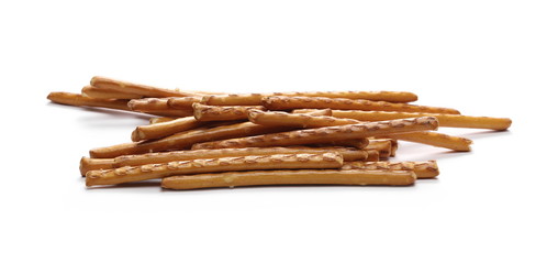 Salty cracker pretzel sticks isolated on white background