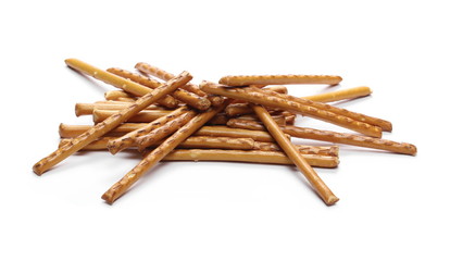 Salty cracker pretzel sticks isolated on white background