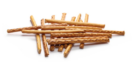 Salty cracker pretzel sticks isolated on white background