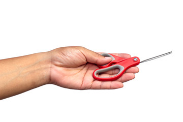 Man's hand holding scissors on white background with clipping path.