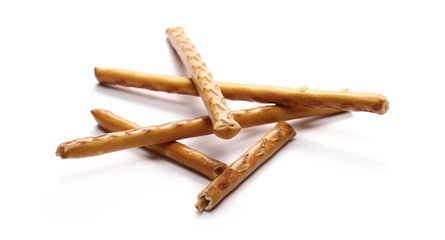 Salty cracker pretzel sticks isolated on white background