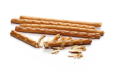 Salty cracker pretzel sticks isolated on white background