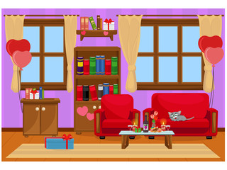 Vector illustration of the interior of the room prepared for the celebration of Valentine's day. Furniture, treats, romance.