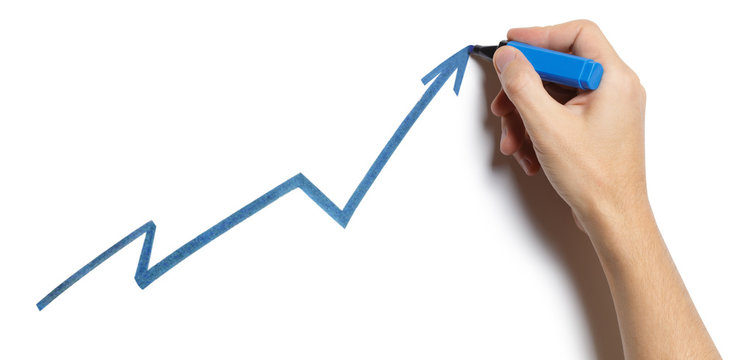 Hand drawing a graph using a blue marker, isolated on white background