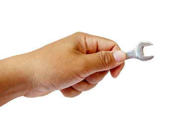 A Man's Hand Holding Wrench On White Background, clipping path