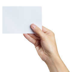 Hand holding a sheet of white paper, isolated on white background