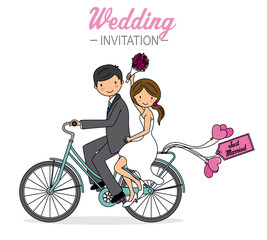 wedding card. Newlyweds on a bicycle.