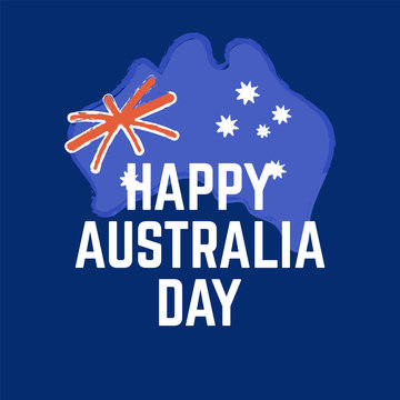 Happy Australia day lettering. Map of Australia with flag
