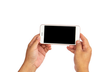 Man's hand holding smart phone on white background, isolate, clipping path