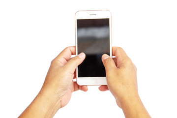 Man's hand holding smart phone on white background, isolate, clipping path.