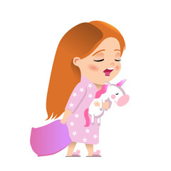 The girl carries a toy unicorn and goes to sleep  