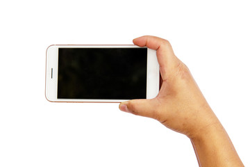 Man's hand holding smart phone on white background, isolate, clipping path