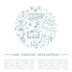 Kids creative development info poster with kids things and sample text. Linear style vector illustration