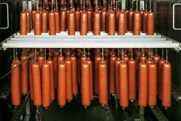 Fresh smoked sausage suspended on a rope on a metal frame in the smokehouse of meat plant.