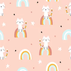 Wall murals Rainbow Childish seamless pattern with magic cat and rainbows. Vector hand drawn illustration.