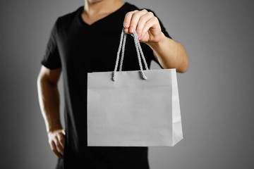 Man holding a gift bag. Close up. Isolated on grey background