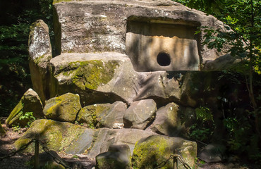 Dolmen in the forest. Mysterious dolmen