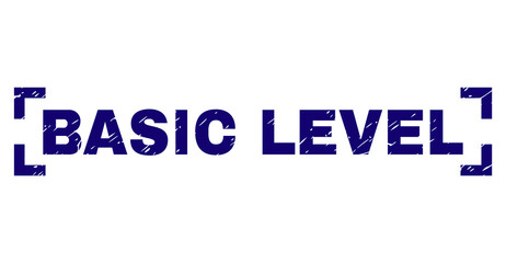 BASIC LEVEL text seal imprint with corroded texture. Text caption is placed inside corners. Blue vector rubber print of BASIC LEVEL with dirty texture.