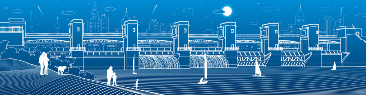 Hydro power plant. River Dam. Energy station. Water power.  People walk along the shore. City infrastructure industrial illustration panorama. White lines on blue background. Vector design art
