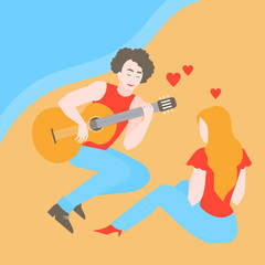 Boy play the guitar for girl. Isometric man with love song. Valentine day romantic date. Flat couple have picnic. Happy boyfriend and girlfriend dating. Cartoon and woman have relationship
