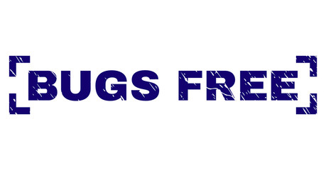 BUGS FREE text seal print with distress style. Text tag is placed inside corners. Blue vector rubber print of BUGS FREE with dust texture.