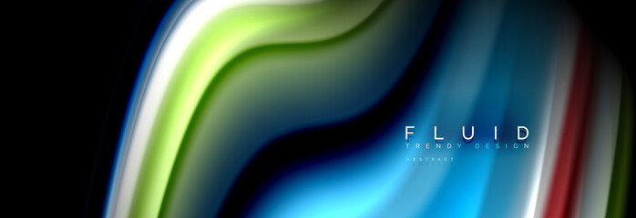Bright colorful liquid fluid lines on black, modern abstract background