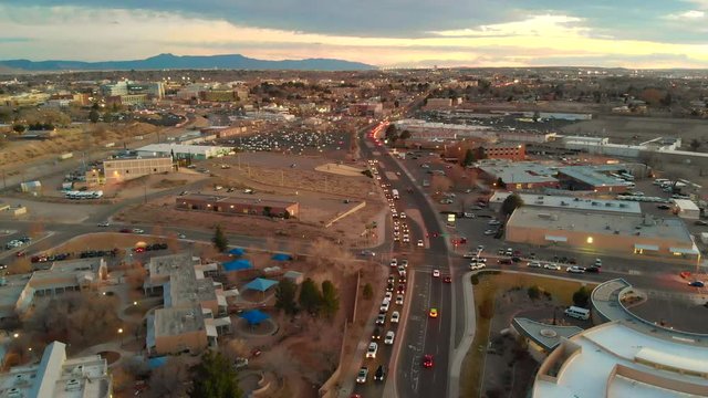 Aerial footage of traffic flowing near the University of New Mexico in Albuquerque, NM.