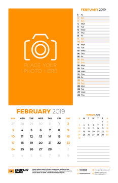 Wall calendar planner template for February 2019. Week starts on Sunday. Vector illustration