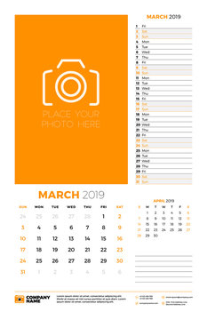 Wall calendar planner template for March 2019. Week starts on Sunday. Vector illustration