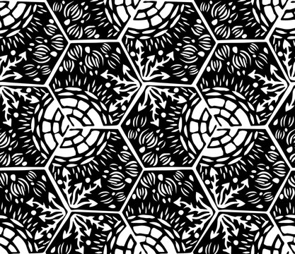 Underwater world. Hexagonal tiles. Seamless pattern. White and black colors.