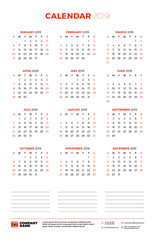 Calendar template for 2019 year. Week starts on Sunday. Vector illustration