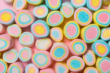 Heap of Closed up Pastel Pink, Yellow, Blue Colored Marshmallows for Background, Texture