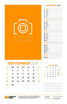 Wall calendar planner template for September 2019. Week starts on Sunday. Vector illustration