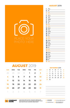 Wall calendar planner template for August 2019. Week starts on Sunday. Vector illustration