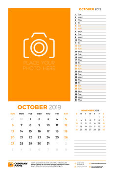 Wall calendar planner template for October 2019. Week starts on Sunday. Vector illustration