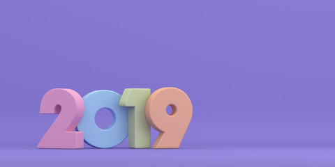 New Year colorful inscription 2019 on a purple background. 3d render illustration. Illustration for advertising.