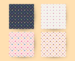 Set of Valentines Day seamless patterns. Vector texture with red romantic signs