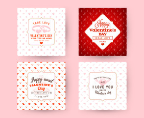 Set of Happy Valentines Day typography greeting cards. Vector design template with seamless background and romantic signs