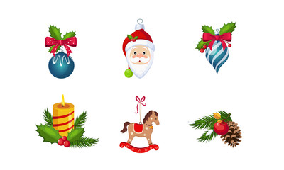 Christmas decoration elements set, New Year holiday objects vector Illustration
