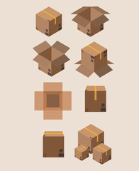 Carton packaging box. Isometric carton packaging box images set of different size with postal signs this side up fragile vector illustration. Set closed and open cardboard boxes