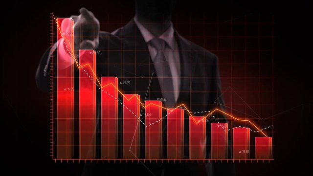 Businessman moves finger up, various animated Stock Market charts and bar graphs. decrease red line. 4k animation.
