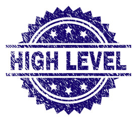 HIGH LEVEL stamp seal watermark with distress style. Blue vector rubber print of HIGH LEVEL tag with retro texture.